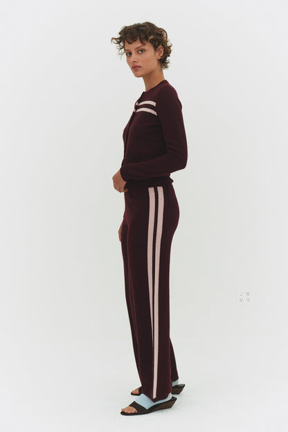 Cashmere Wool Stripe Wide-leg Pant in Raspberry