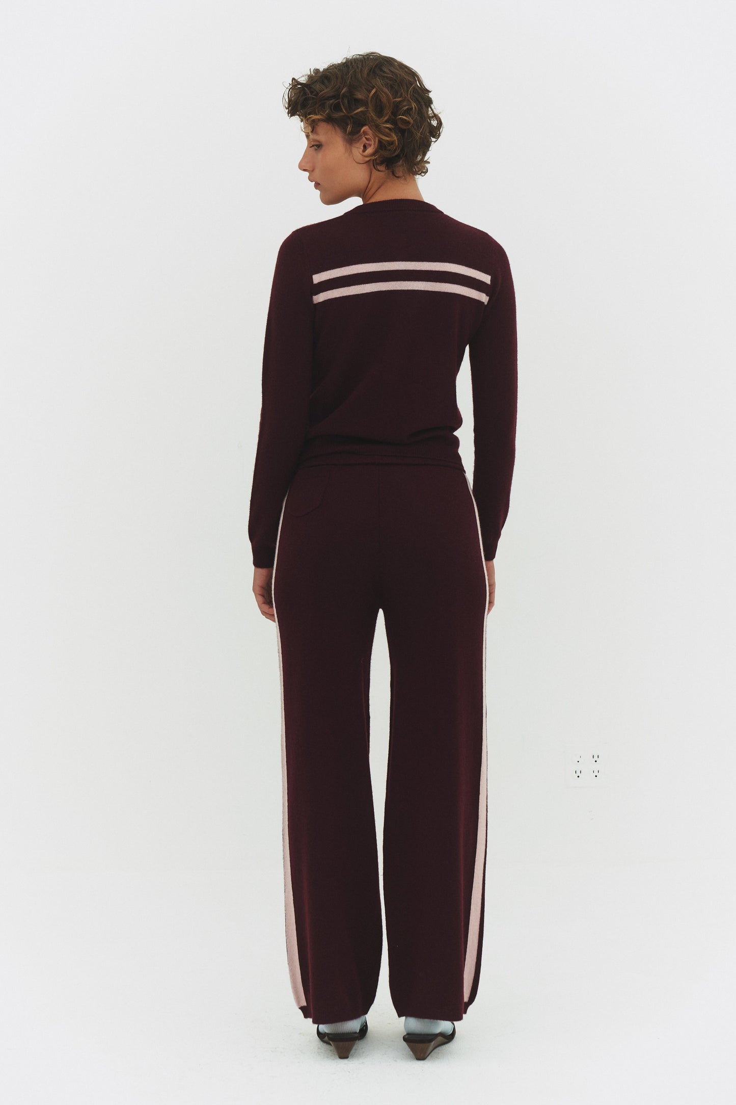 Cashmere Wool Stripe Wide-leg Pant in Raspberry