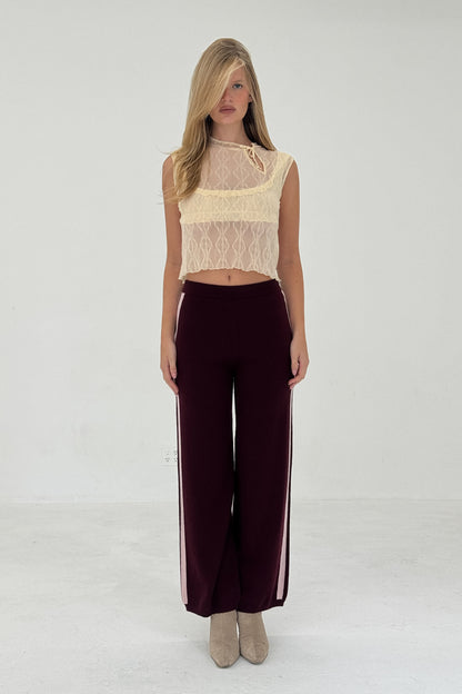 Cashmere Wool Stripe Wide-leg Pant in Raspberry