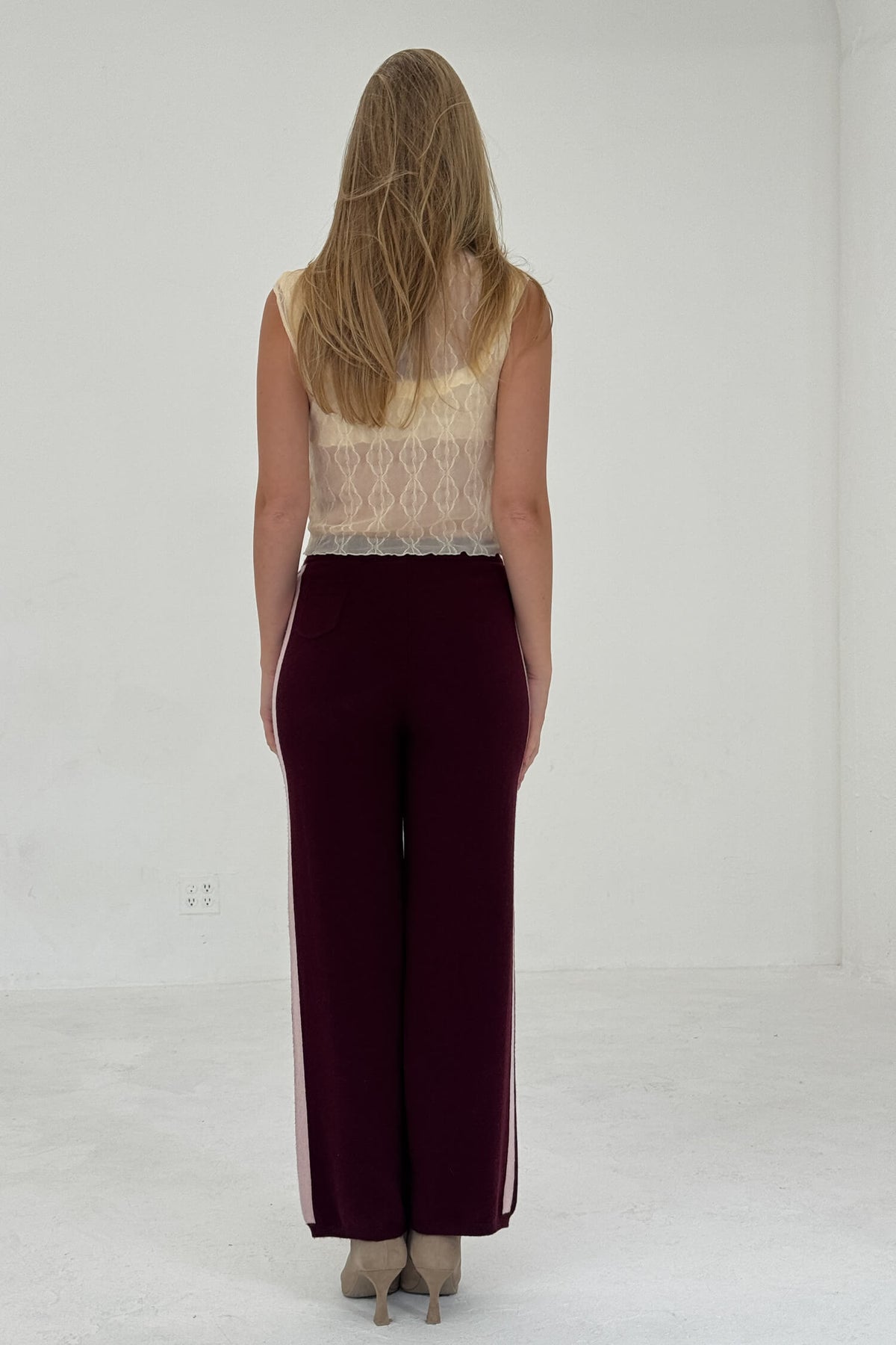 Cashmere Wool Stripe Wide-leg Pant in Raspberry
