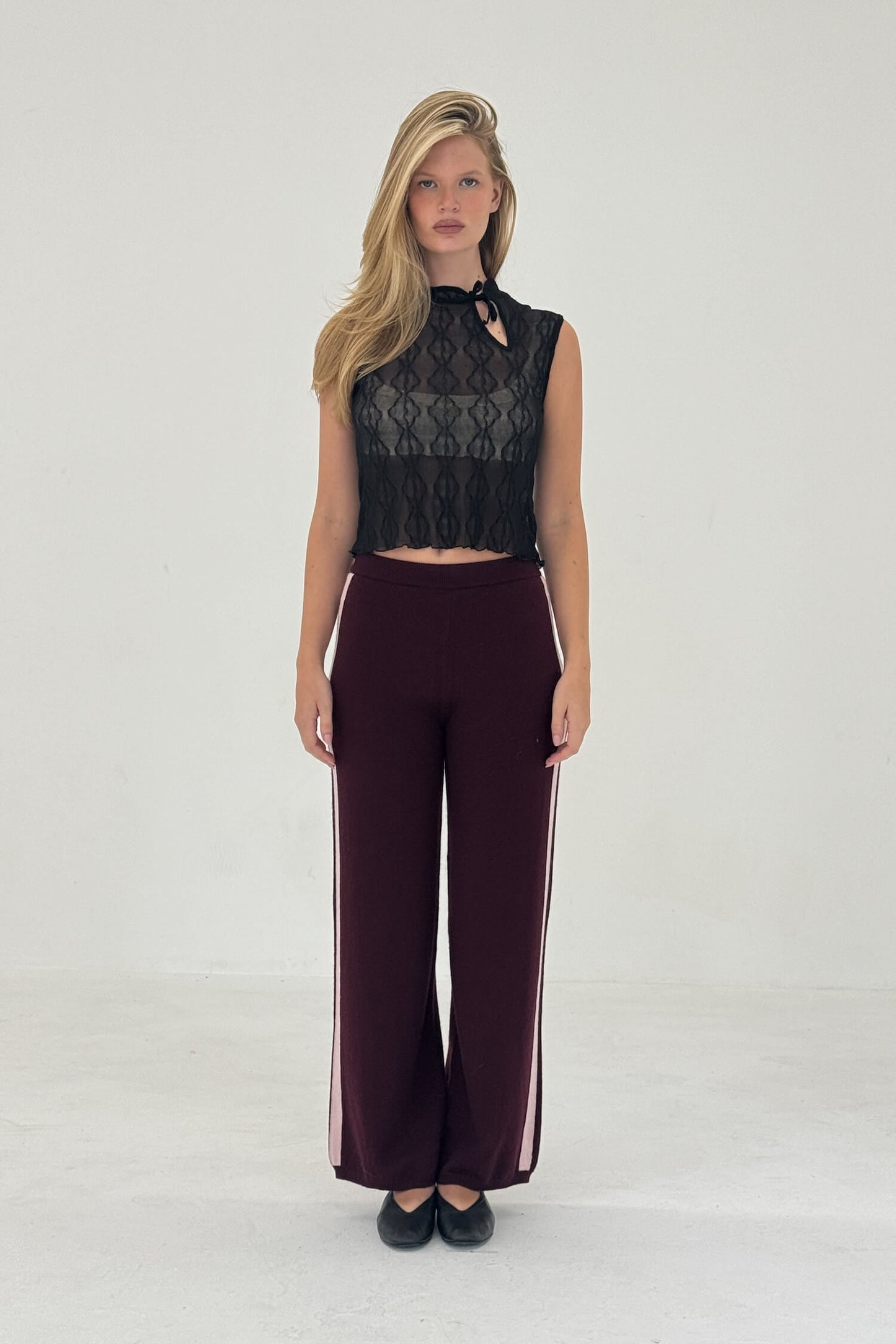 Cashmere Wool Stripe Wide-leg Pant in Raspberry