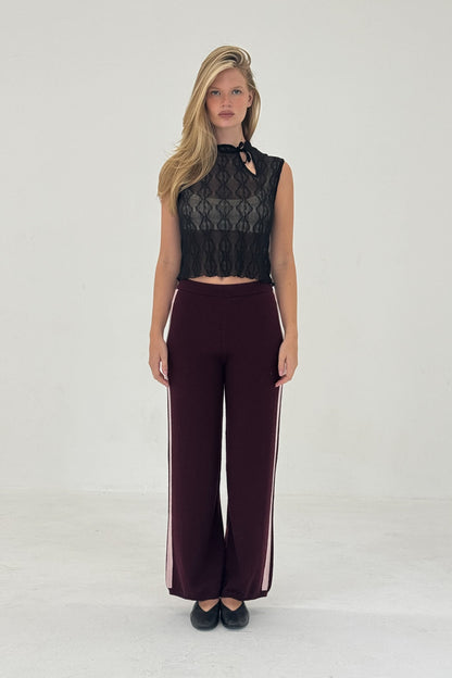 Cashmere Wool Stripe Wide-leg Pant in Raspberry