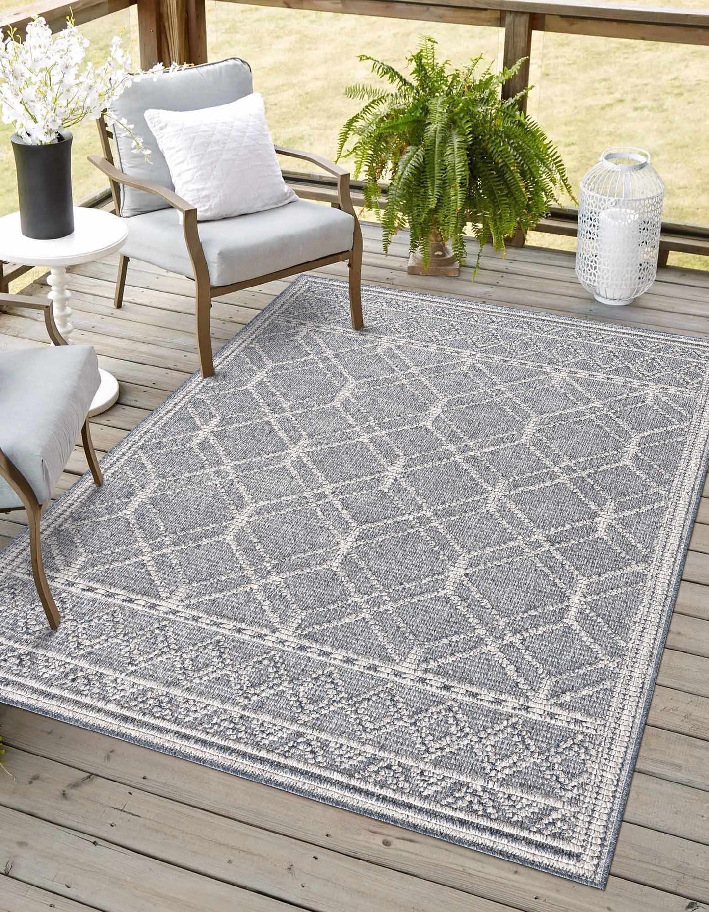 Diah Gray Blue & Bone Outdoor Area Rug - Clearance