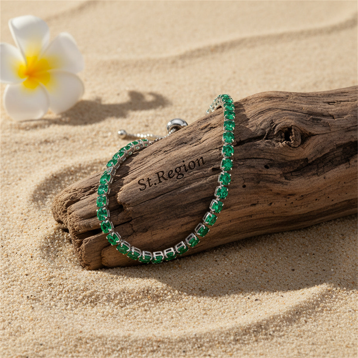Green Cubic Zirconia & Silvertone Adjustable Link Bracelet
