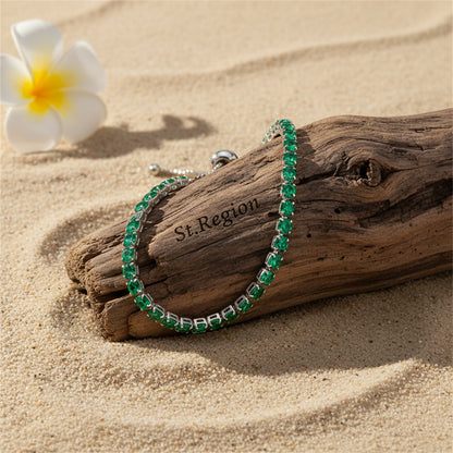 Green Cubic Zirconia & Silvertone Adjustable Link Bracelet