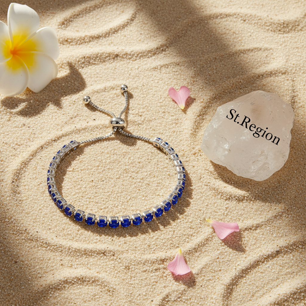 Navy Cubic Zirconia & Silvertone Adjustable Link Bracelet