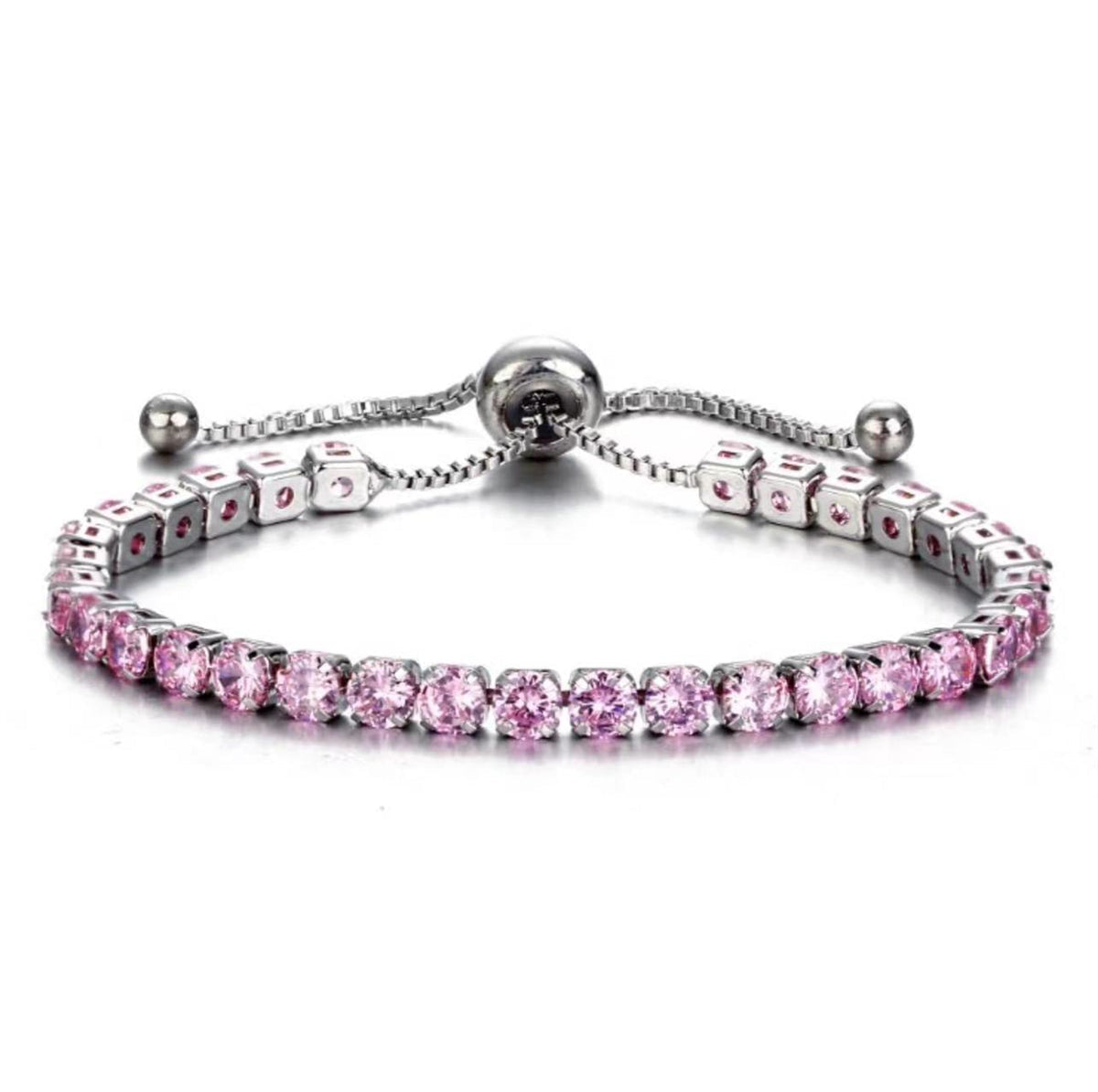 Pink Cubic Zirconia & Silvertone Adjustable Link Bracelet
