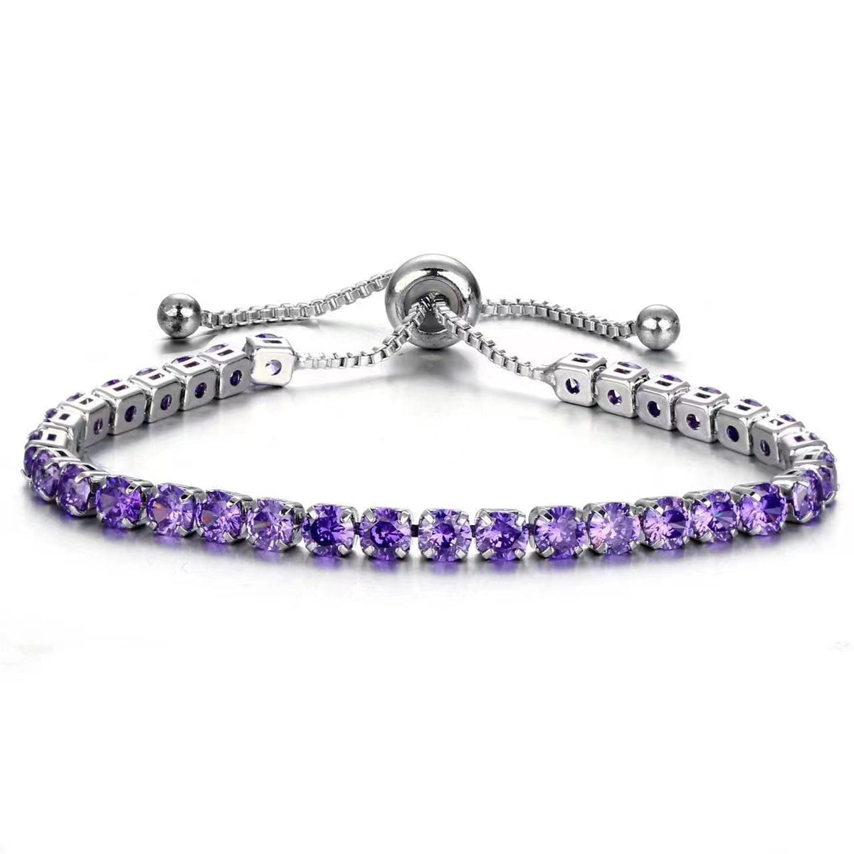 Purple Cubic Zirconia & Silvertone Adjustable Link Bracelet