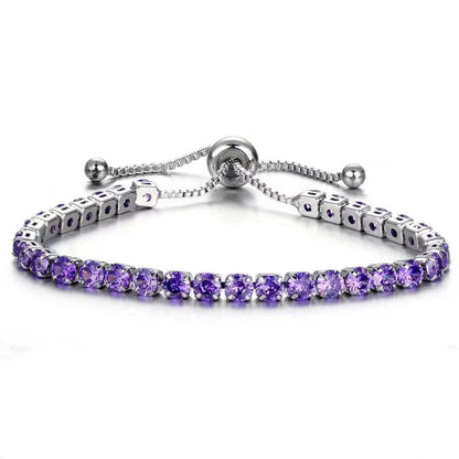 Purple Cubic Zirconia & Silvertone Adjustable Link Bracelet