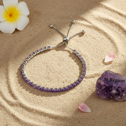 Purple Cubic Zirconia & Silvertone Adjustable Link Bracelet