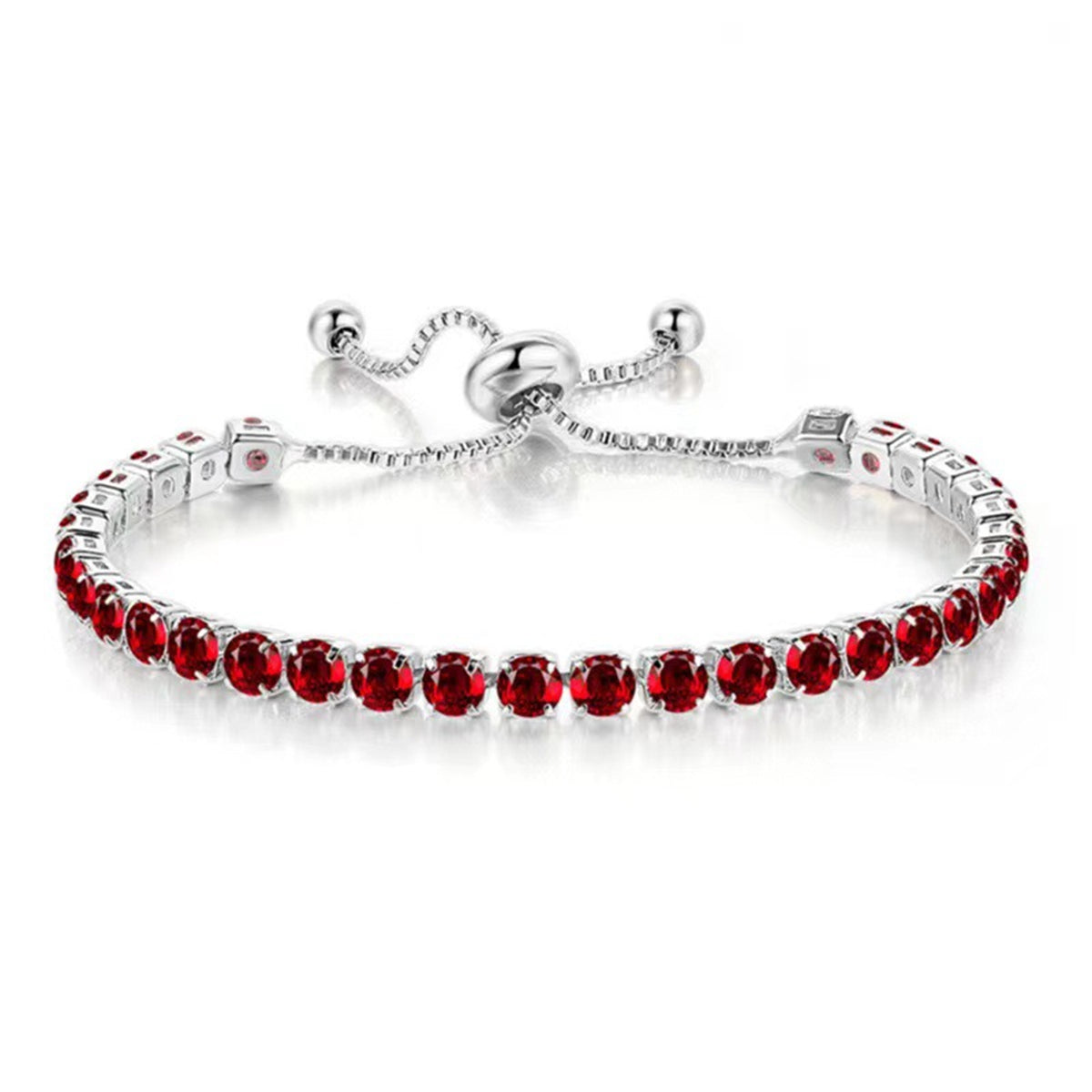 Red Cubic Zirconia & Silvertone Adjustable Link Bracelet