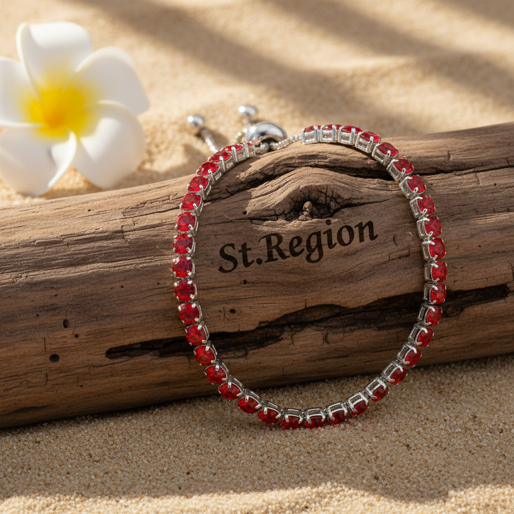 Red Cubic Zirconia & Silvertone Adjustable Link Bracelet