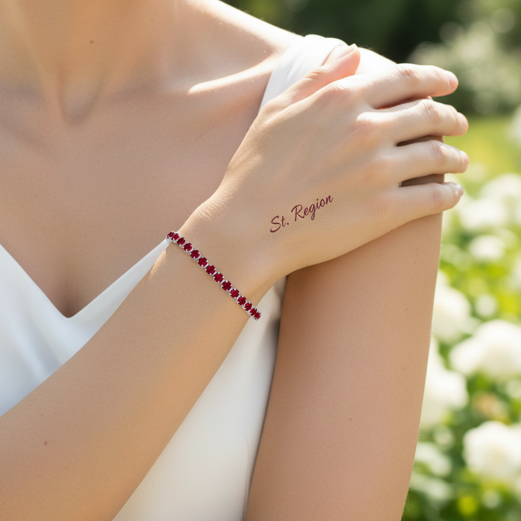 Red Cubic Zirconia & Silvertone Adjustable Link Bracelet