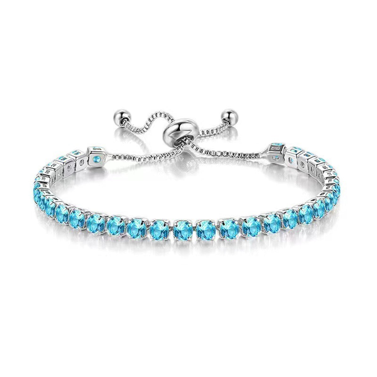 Sea Blue Cubic Zirconia & Silvertone Adjustable Link Bracelet