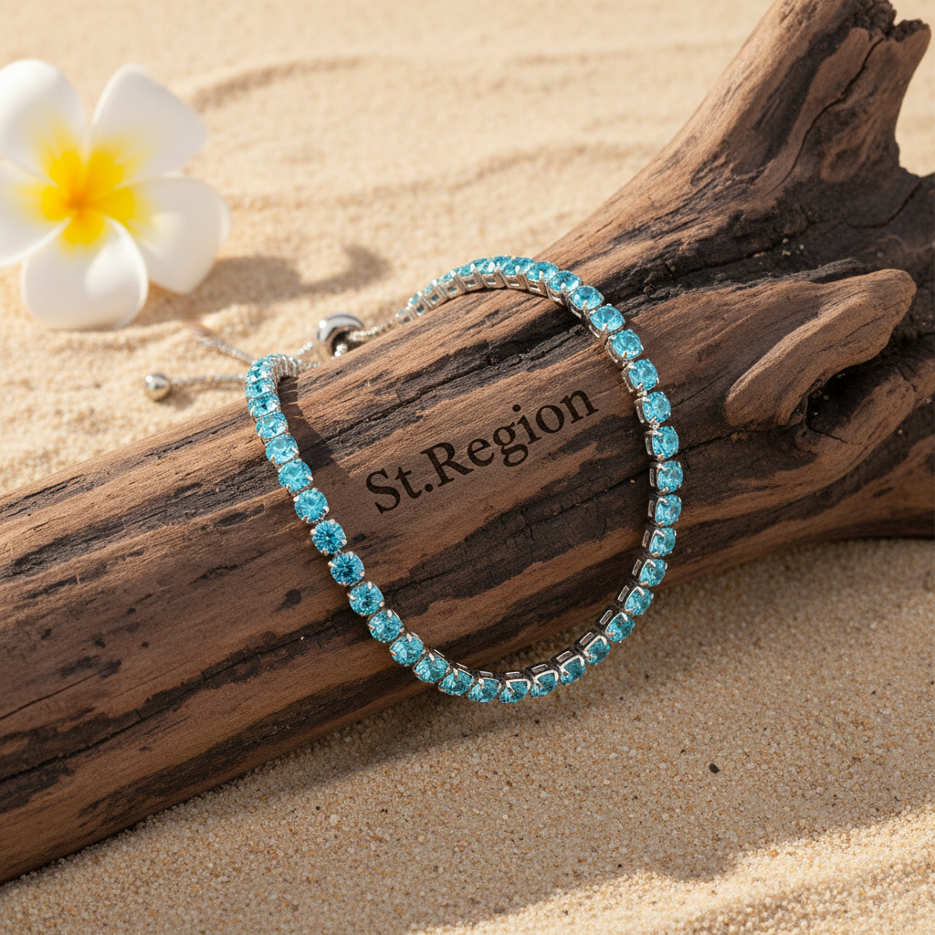 Sea Blue Cubic Zirconia & Silvertone Adjustable Link Bracelet