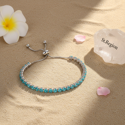 Sea Blue Cubic Zirconia & Silvertone Adjustable Link Bracelet