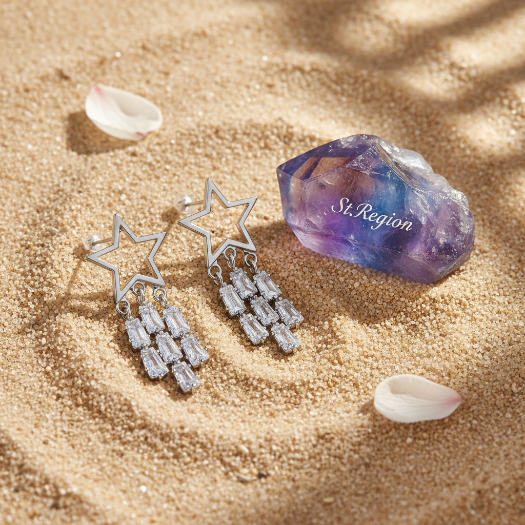 Crystal & Silvertone Open Star Tassel Drop Earrings