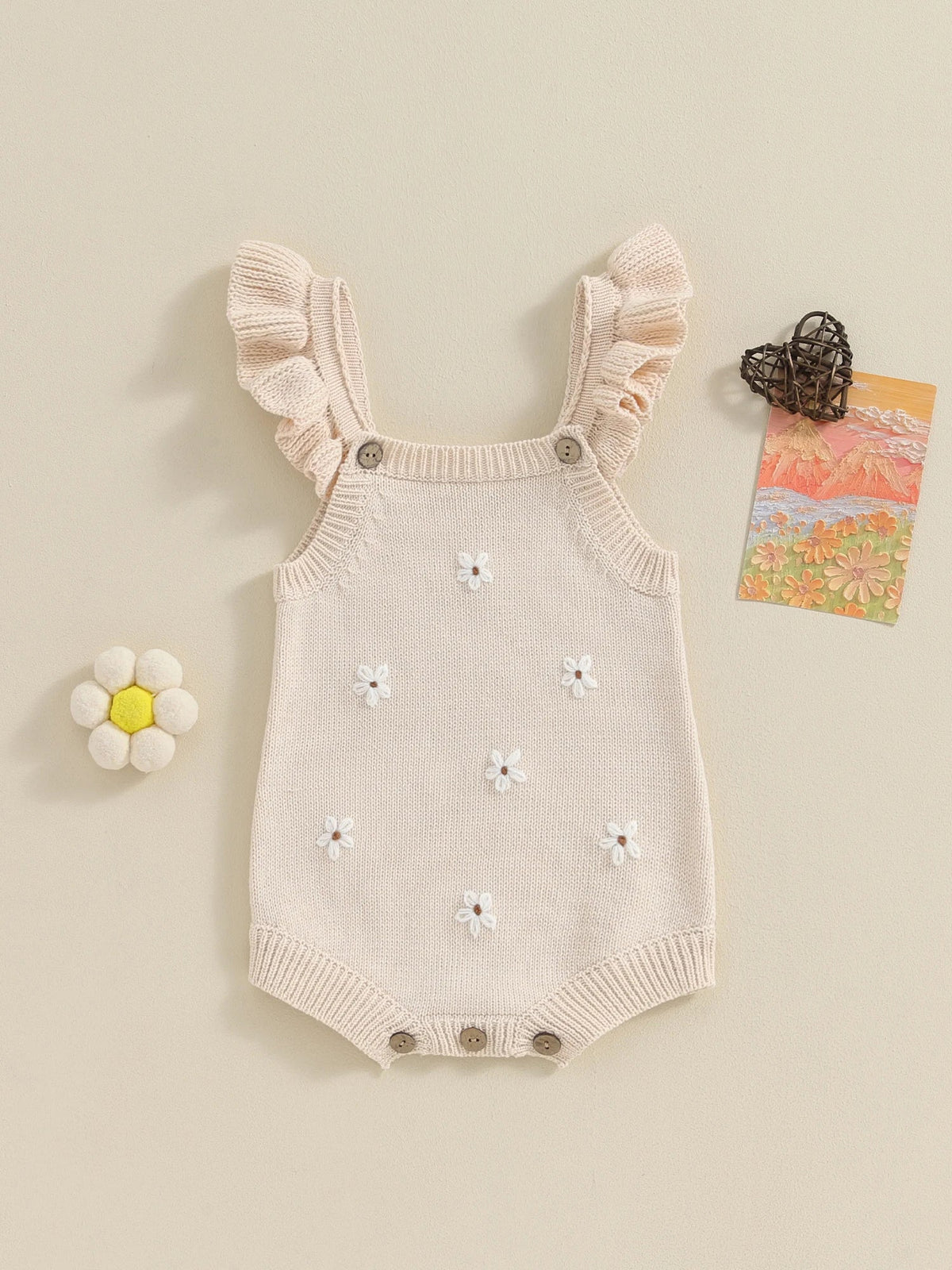 Baby Toddler Girls Knitted Romper Spring Summer Ruffles Floral Embroidery Flowers Jumpsuits Playsuits Clothes