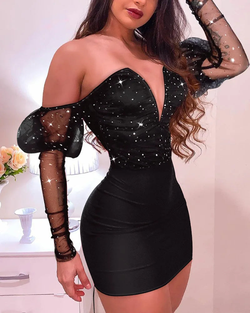 Women Strapless Mesh Splicing Long Sleeve Mini Dress Bodycon Fashion