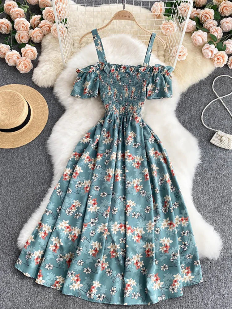 Summer 2026 Midi Dress Women Casual Off Shoulder Short Sleeve Vacation Beach Robe Female Clothing