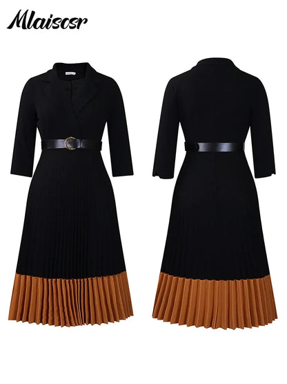 Elegant Long Sleeve Solid High Waist A Line Pleated Dress with Belt Women Office Lady  Birthday Evening Vestidos