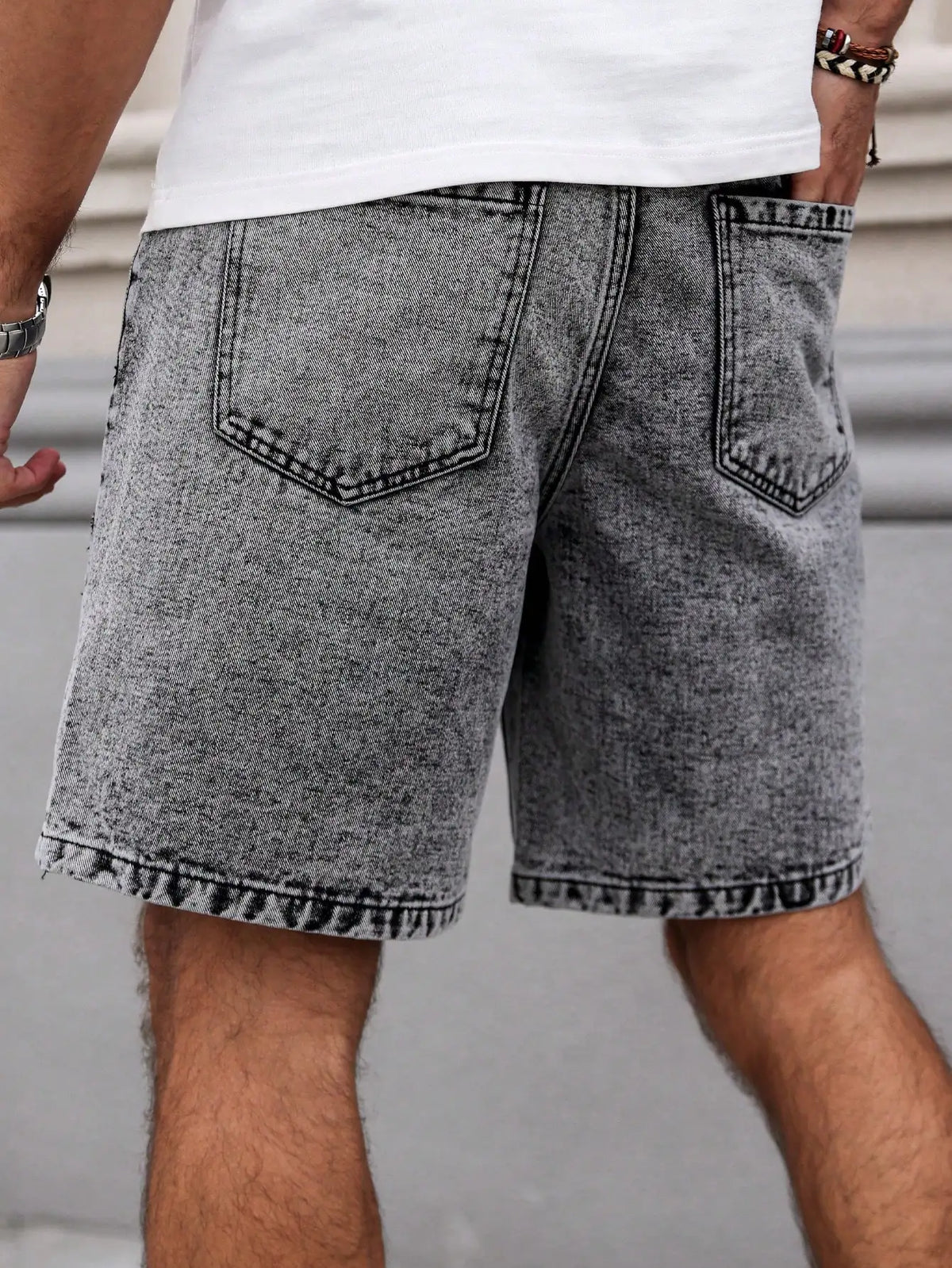Men's Summer Denim Shorts. Straight-leg fit. Ripped design. Dark gray denim embroidered shorts