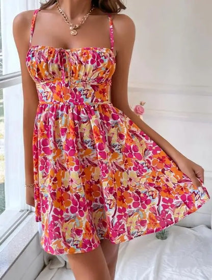 Womens Dresses 2026 Spring Summer New Fashion Floral Print Square Collar Backless Beach Vacation Lace Up Casual Mini Dress