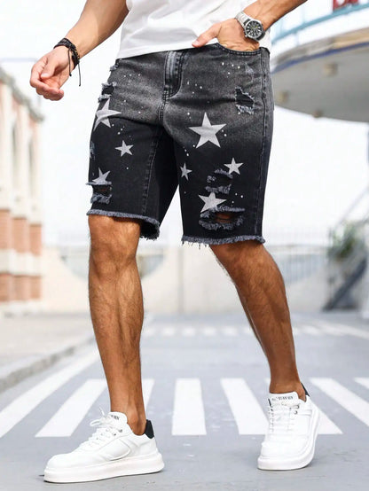 Men's summer denim printed shorts. Black - grey gradient color. Ripped details. Street - style trend.