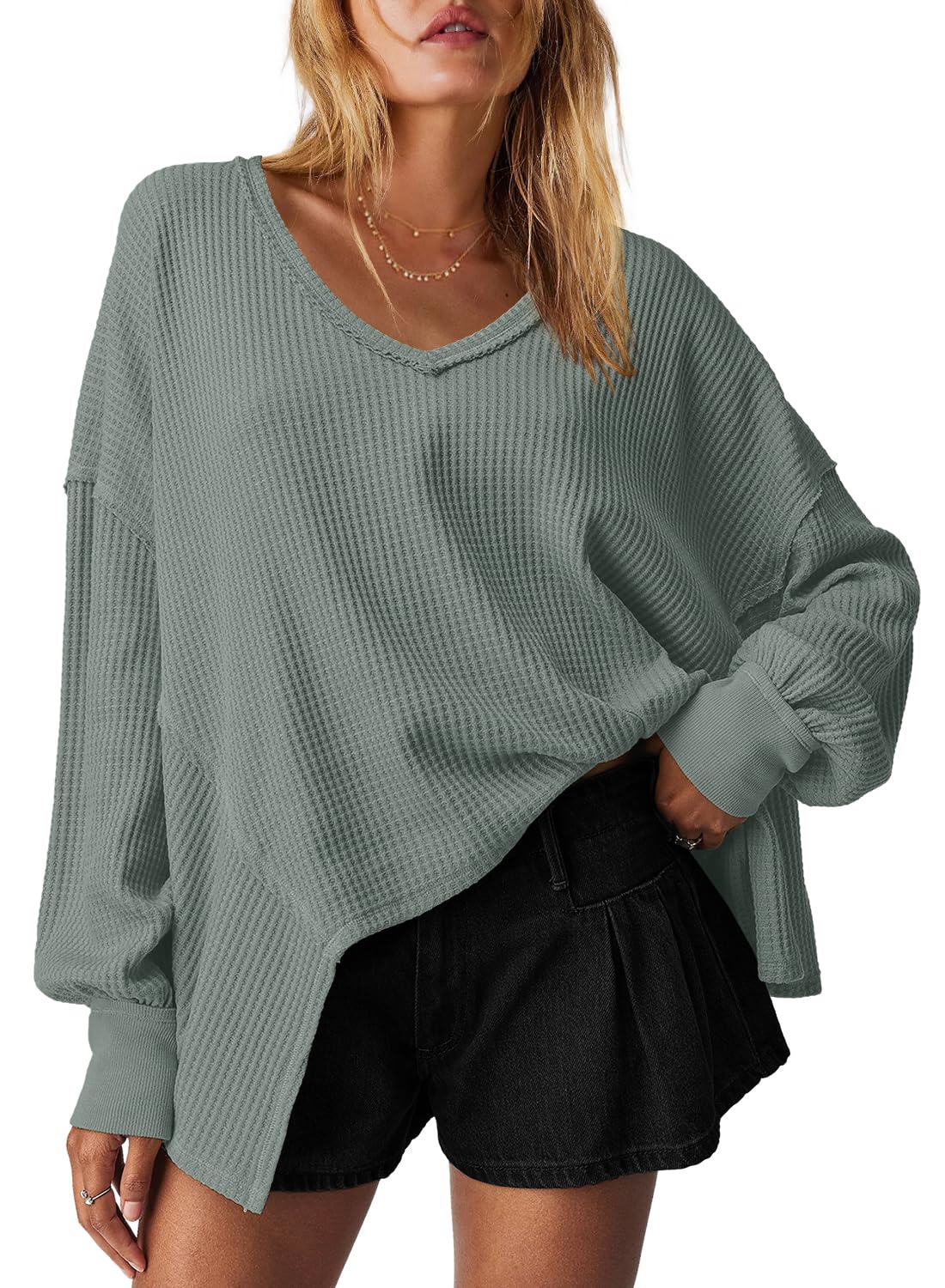 Women's Waffle Knit Oversized V Neck Batwing Long Sleeve Tops