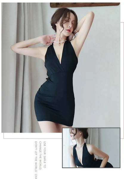 Dress Deep V-Neck Slim Hot Backless Mini Dress Female Bandage Halter Patchwork Mini Vestidos
