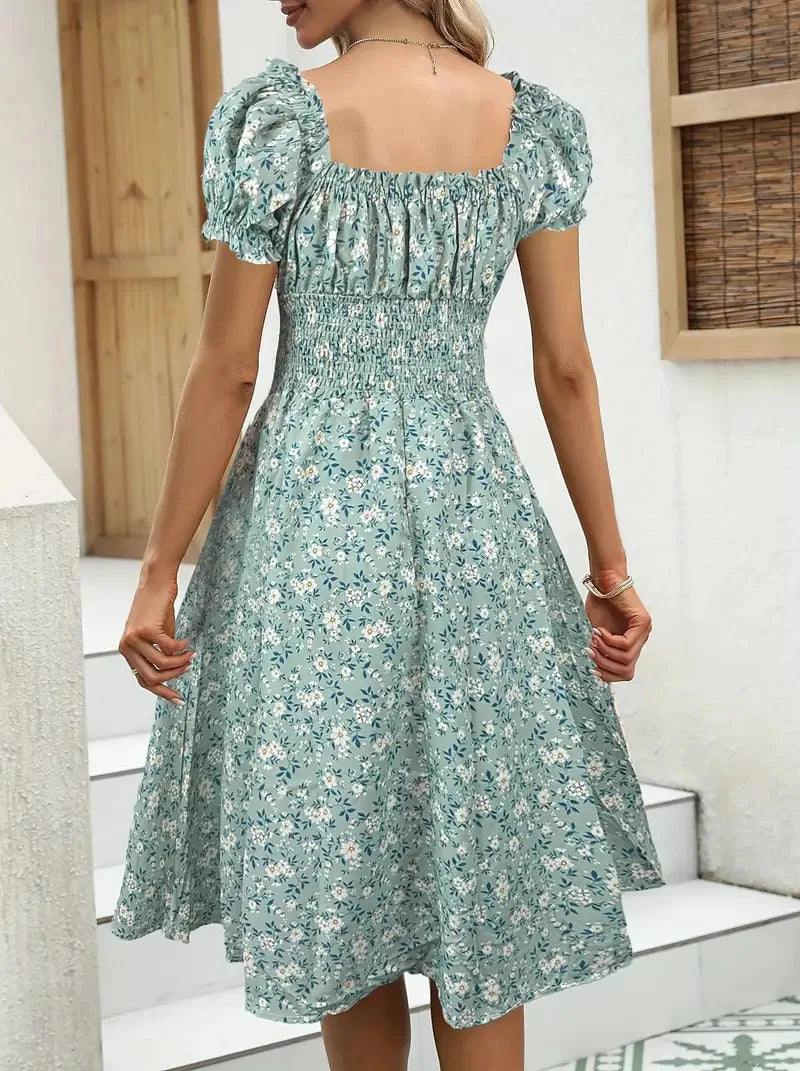 2026 Summer New Vintage Floral Bubble Sleeve French Dress