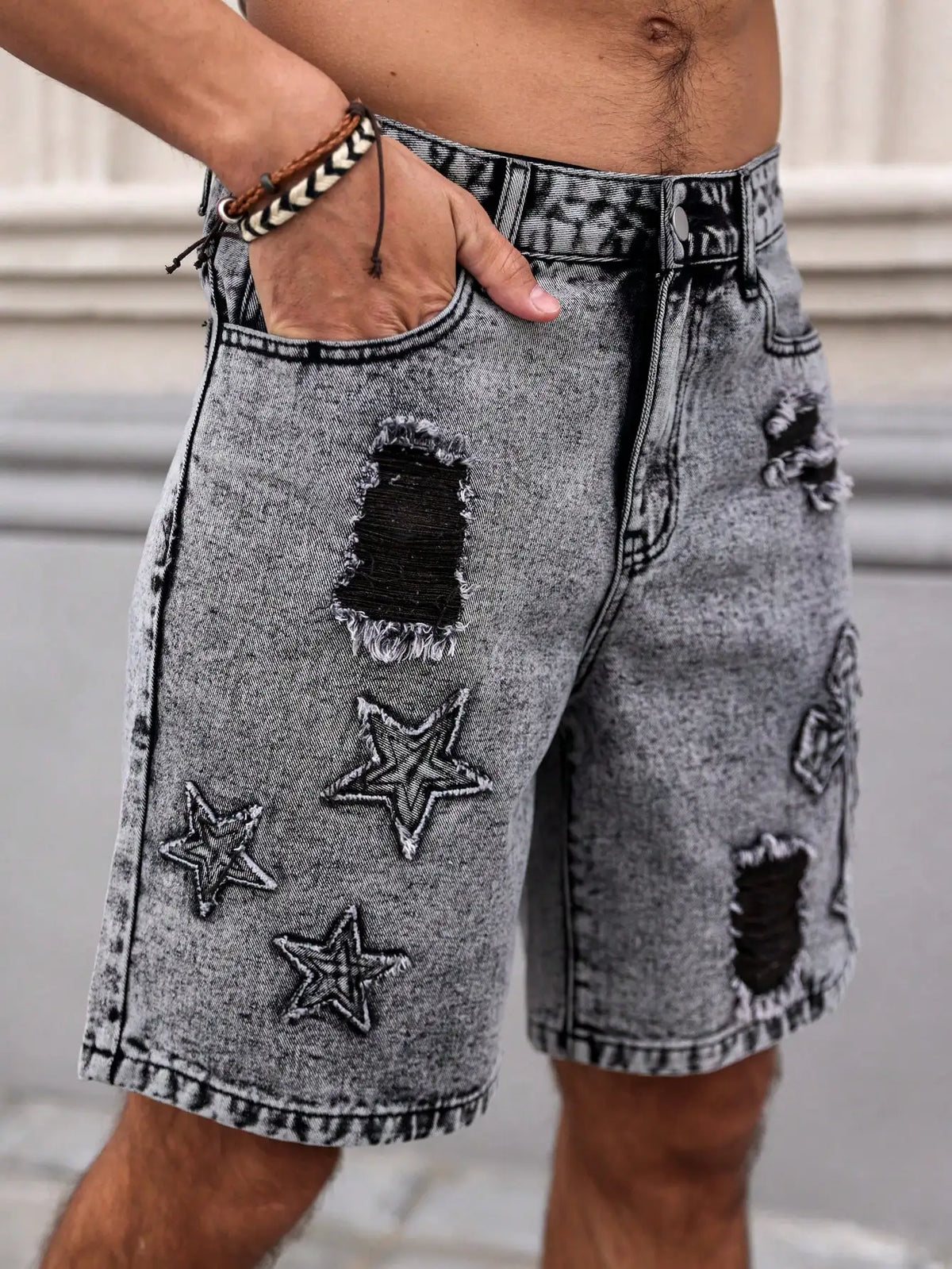 Men's Summer Denim Shorts. Straight-leg fit. Ripped design. Dark gray denim embroidered shorts