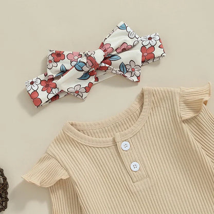 Baby Girls 3Pcs Fall Outfit Ruffle Ribbed Long Sleeve Romper Flower Flare Pants Tie Headband Set
