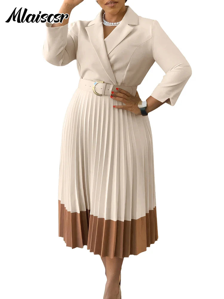 Elegant Long Sleeve Solid High Waist A Line Pleated Dress with Belt Women Office Lady  Birthday Evening Vestidos