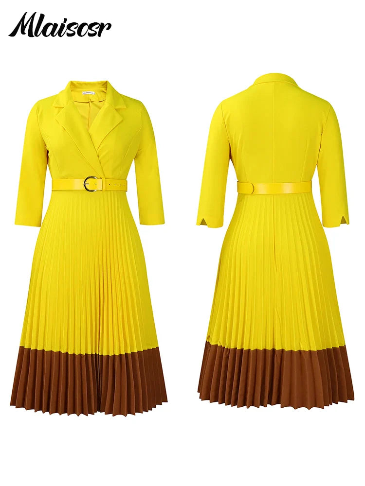 Elegant Long Sleeve Solid High Waist A Line Pleated Dress with Belt Women Office Lady  Birthday Evening Vestidos