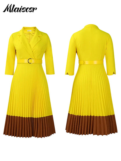 Elegant Long Sleeve Solid High Waist A Line Pleated Dress with Belt Women Office Lady  Birthday Evening Vestidos
