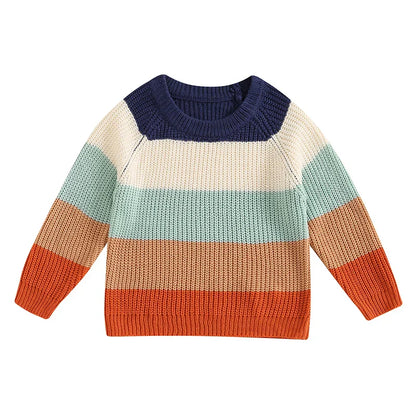 Baby Toddler Boys Girls Sweater Casual Contrast Color Stripes Warm Knitted Long Sleeve Pullover Top