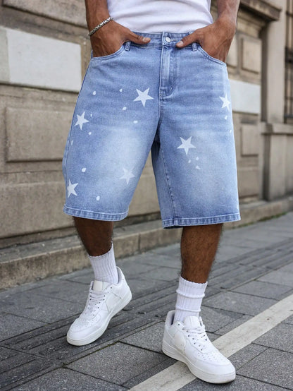 Men's blue denim shorts for spring and summer, with stars printed on the legs, are stylish and simple to match.
