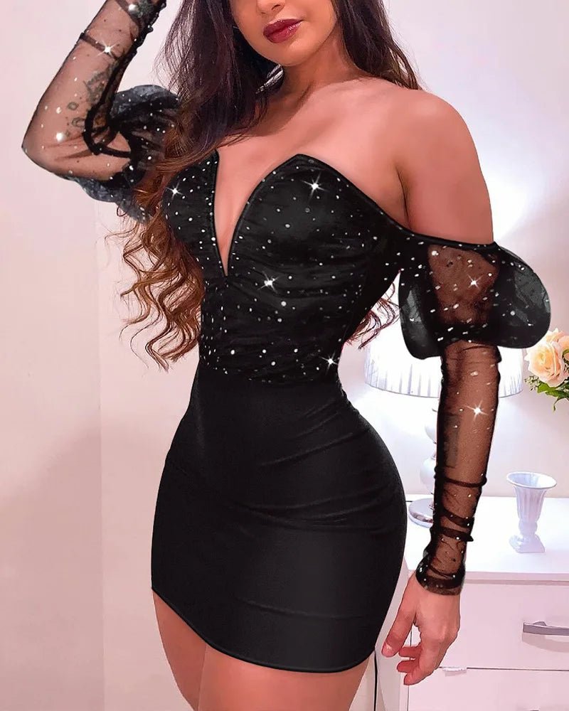 Women Strapless Mesh Splicing Long Sleeve Mini Dress Bodycon Fashion