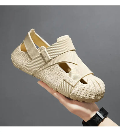 Summer Men's Outdoor Hollow Sandals Flat Bottom Non Slip Women's Garden Beach Breathable Soft Bottom Sneakers Large Sandals
