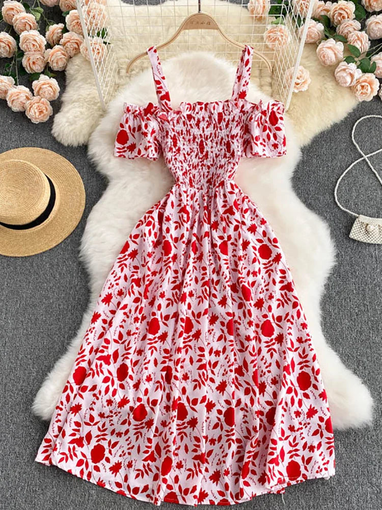 Summer 2026 Midi Dress Women Casual Off Shoulder Short Sleeve Vacation Beach Robe Female Clothing