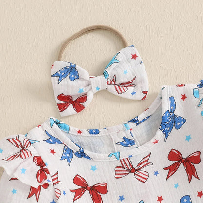 Baby Girl 2Pcs 4th of July Outfit Love Heart Star Pattern Ruffled Crew Neck Short Sleeve Romper & Bow Headband Set