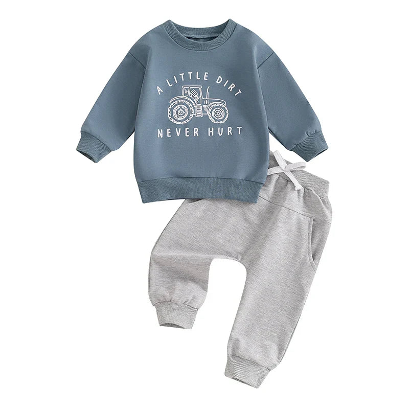 Baby Toddler Boys 2Pcs A Little Dirt Never Hurt Fall Outfit Long Sleeve Tractor Letter Print Top + Pants Set