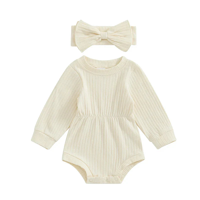 Baby Girls Spring Fall Solid Color Round Neck Long Sleeve Ribbed Romper Bow Headband Set