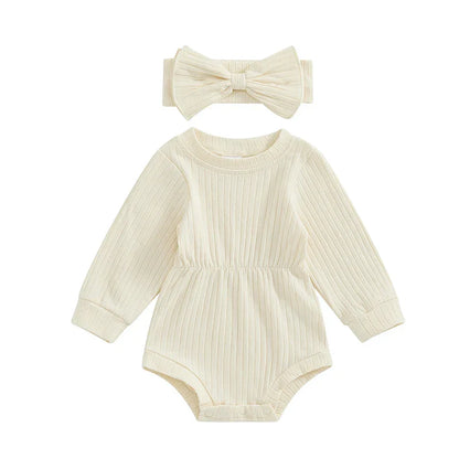Baby Girls Spring Fall Solid Color Round Neck Long Sleeve Ribbed Romper Bow Headband Set
