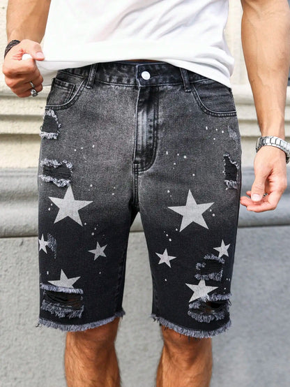 Men's summer denim printed shorts. Black - grey gradient color. Ripped details. Street - style trend.