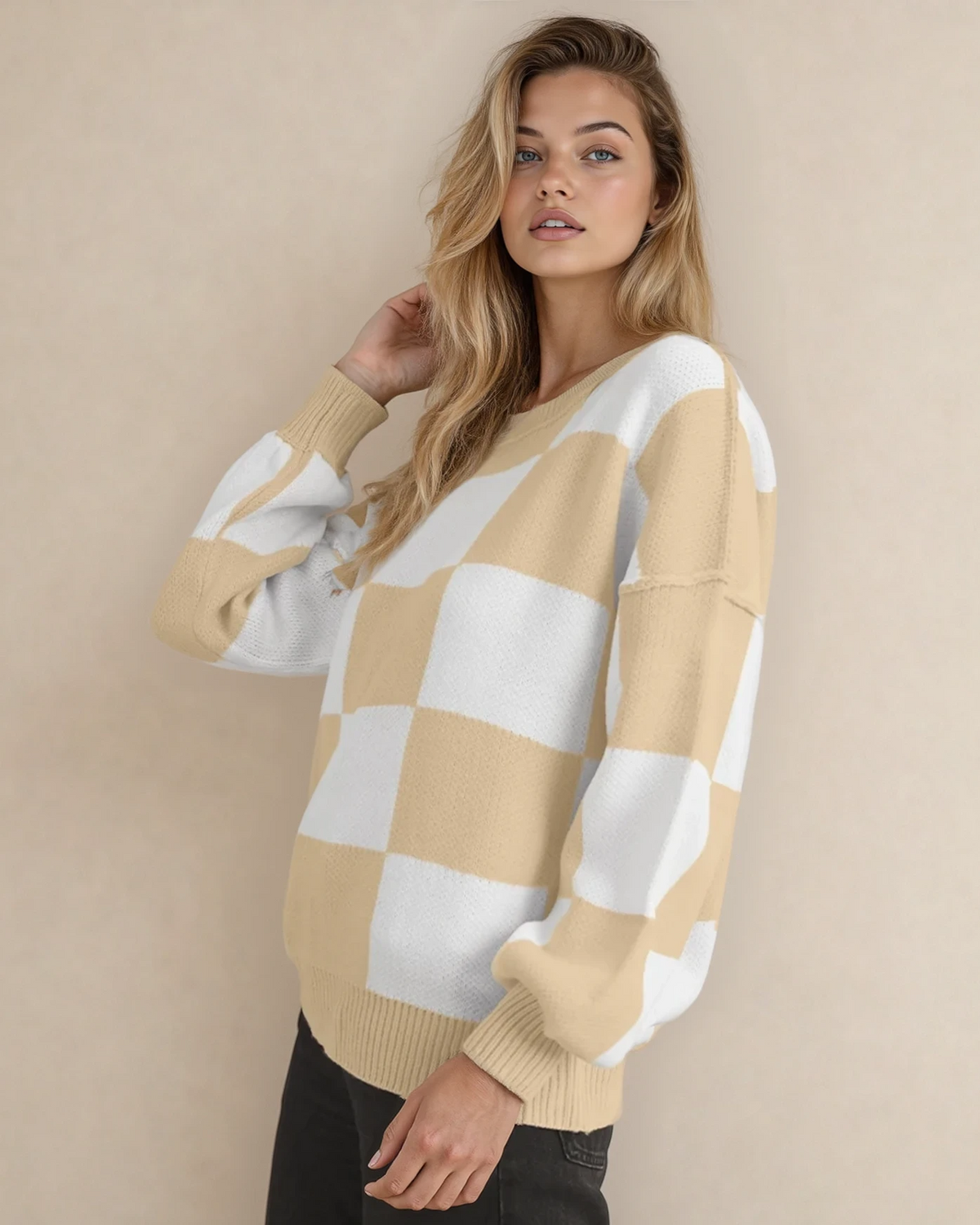 Checkered Crew Neck Sweater - Khaki