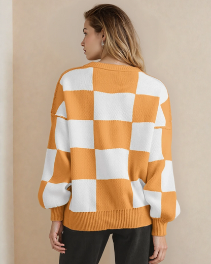 Checkered Crew Neck Sweater - Tangerine