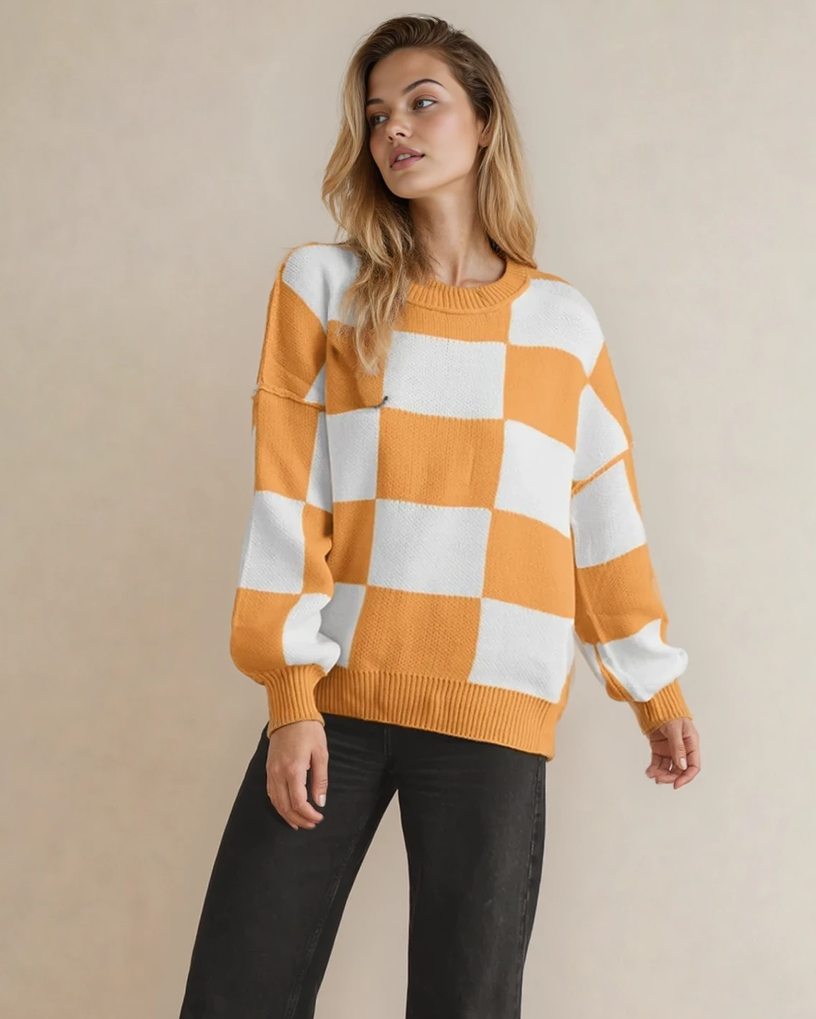 Checkered Crew Neck Sweater - Tangerine