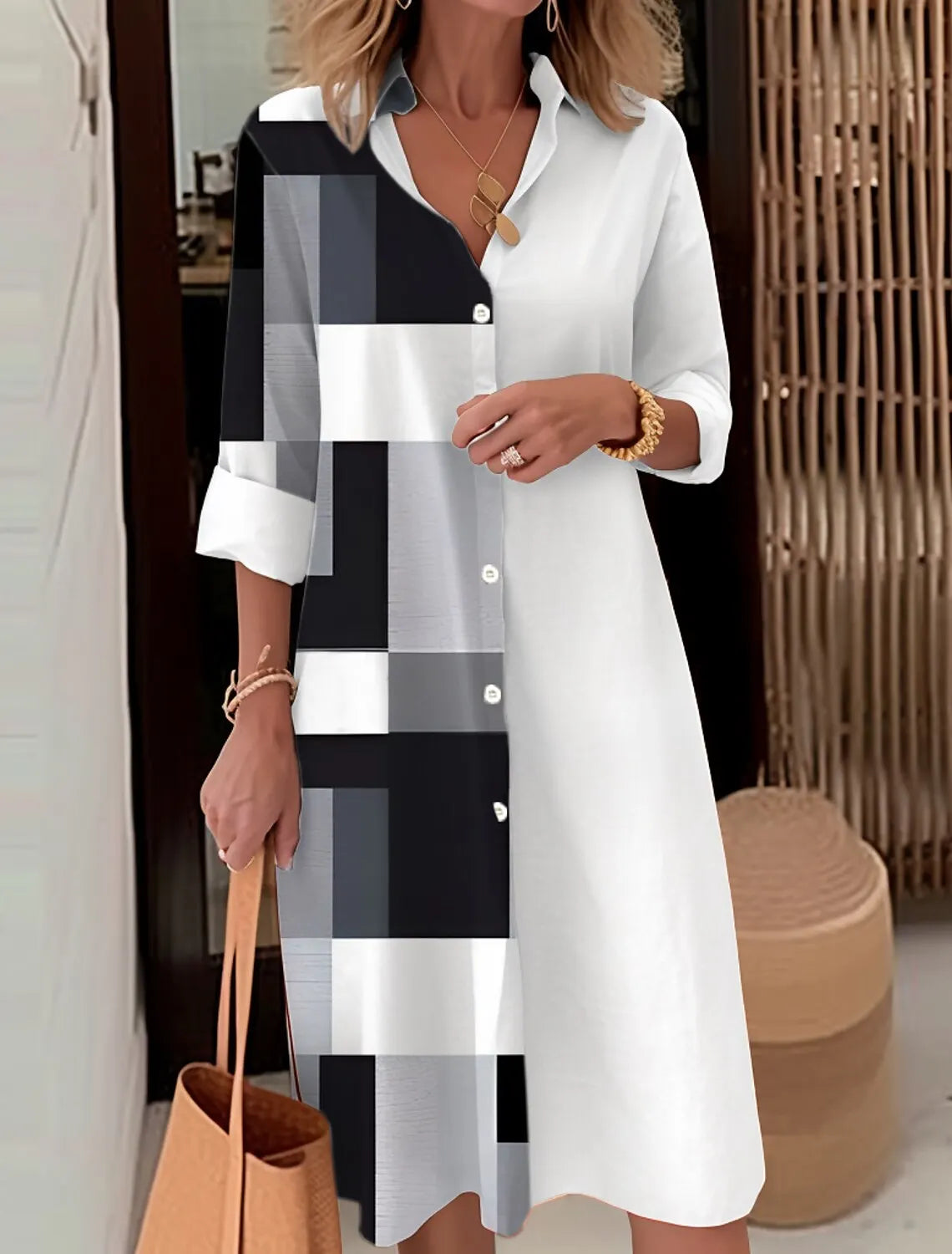 Autumn Elegant Long Sleeve Plaid Shirt Dress Flip Lapel Single Breasted Patchwork Dress Women's Comfortable Commuter Casual Robe